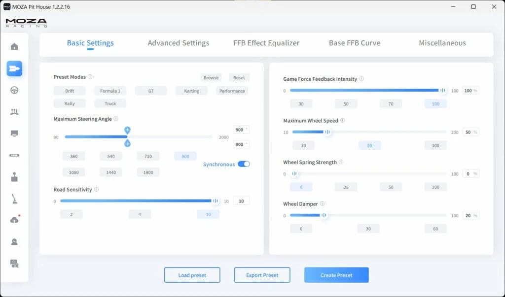 Screenshot of Moza Pinya App showing FFB intensity slider at 100% and gain settings panel